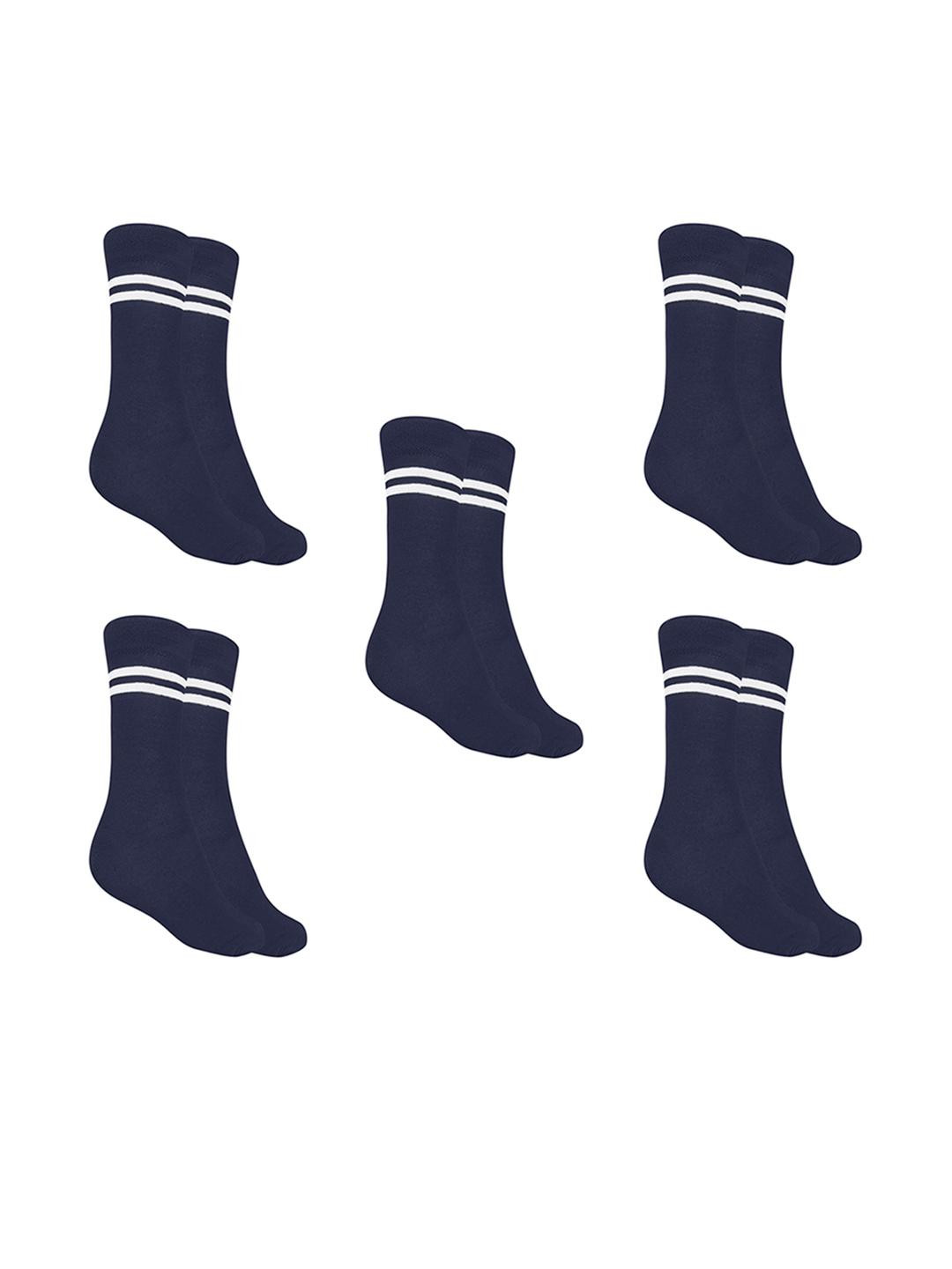 MUKHAKSH Pack of 5 Girls Navy Blue Socks With White Stripes Border