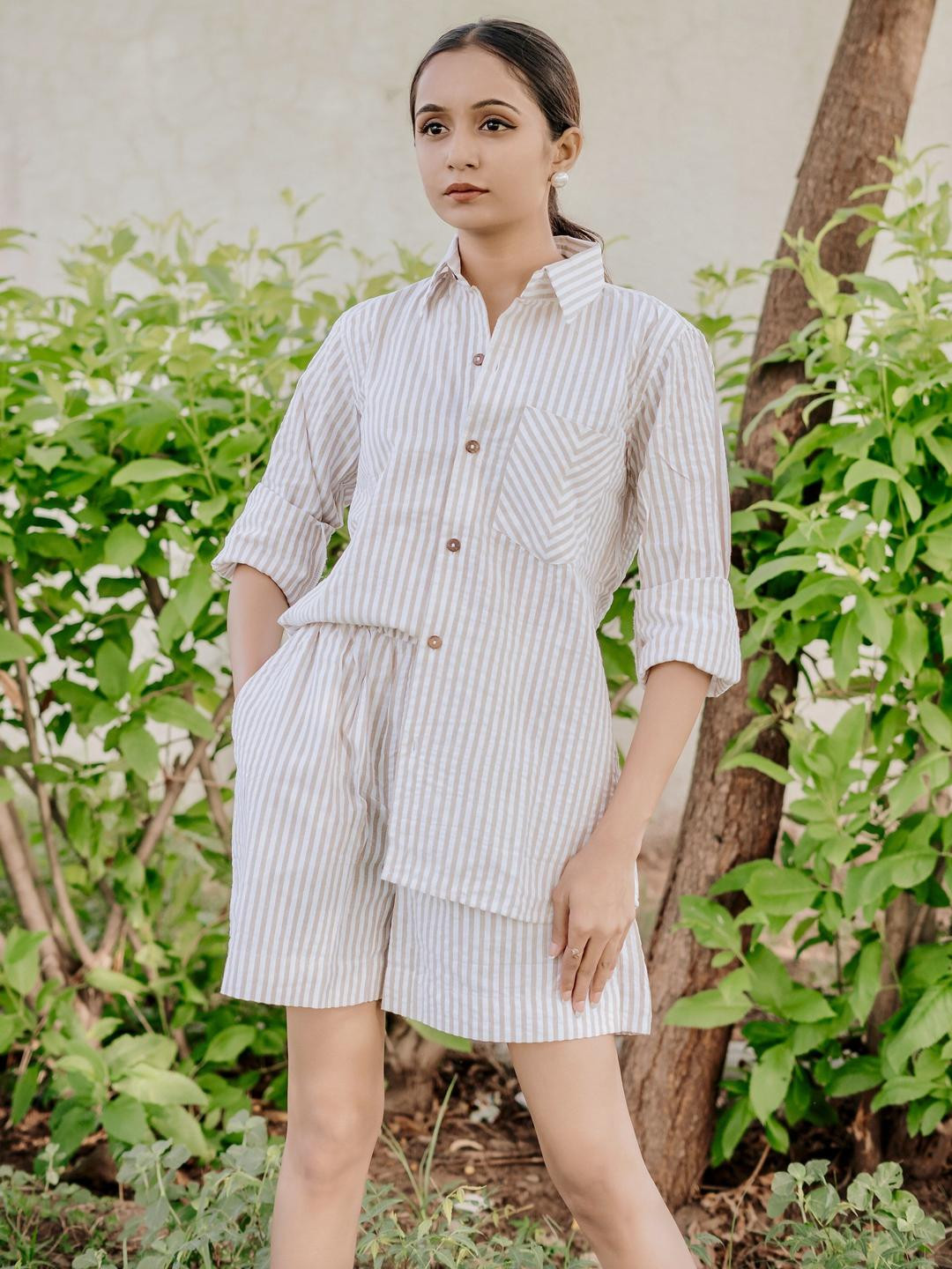 House of Harakh Striped Collar Neck Shirt Collar Shirt With Shorts