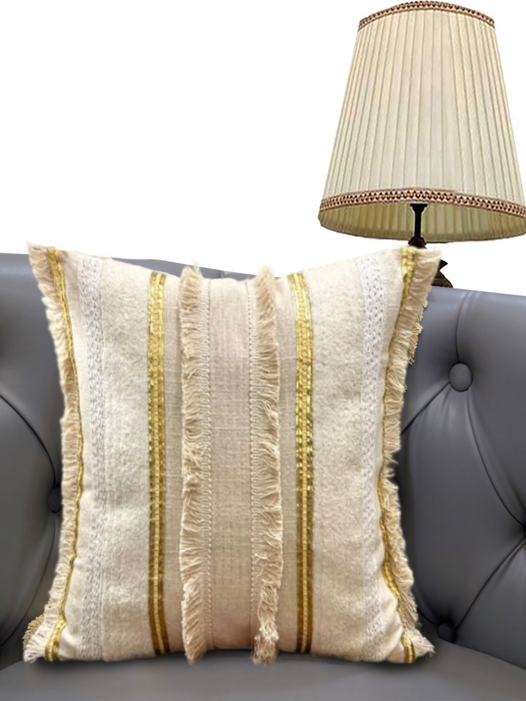 Good Vibes Off White & Gold-Toned Cotton Square Cushion Cover