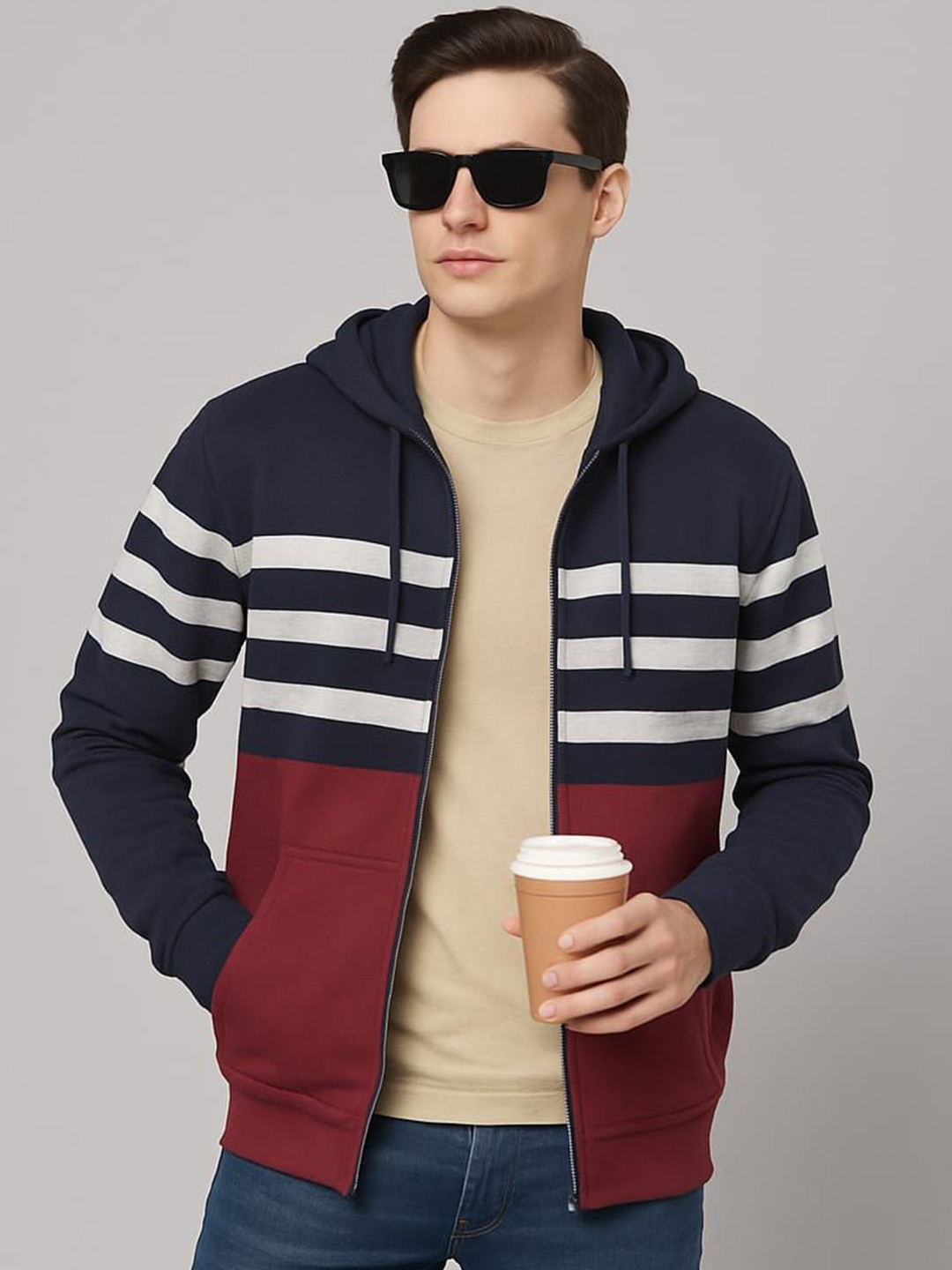 Austin wood Men Striped Hooded Front-Open Sweatshirt