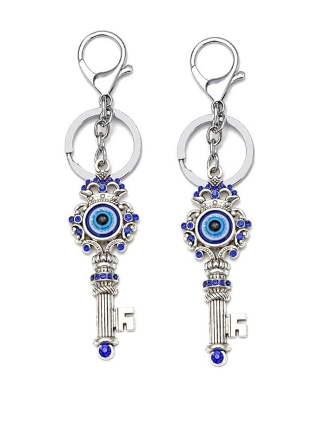 BLUE BEADS Pack of 2 Evil Eye with Key Shape Keychains