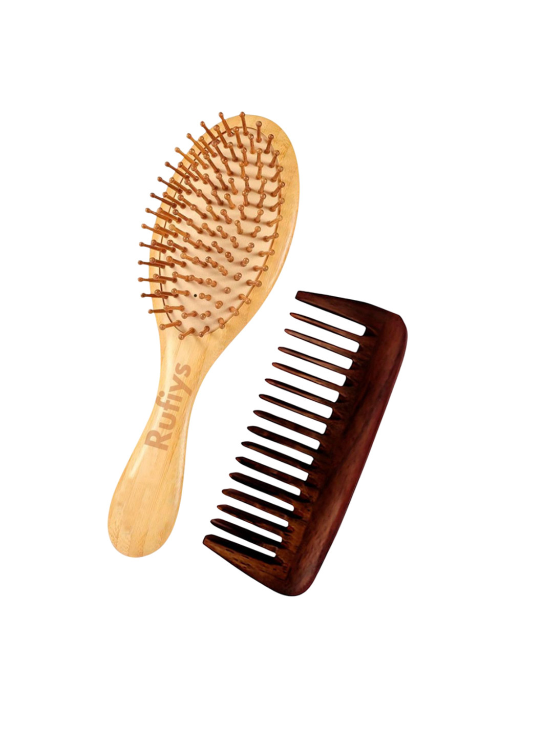 RUFIYS Set Of 2 Bamboo Hair Brush & Rose Wood Pocket Comb
