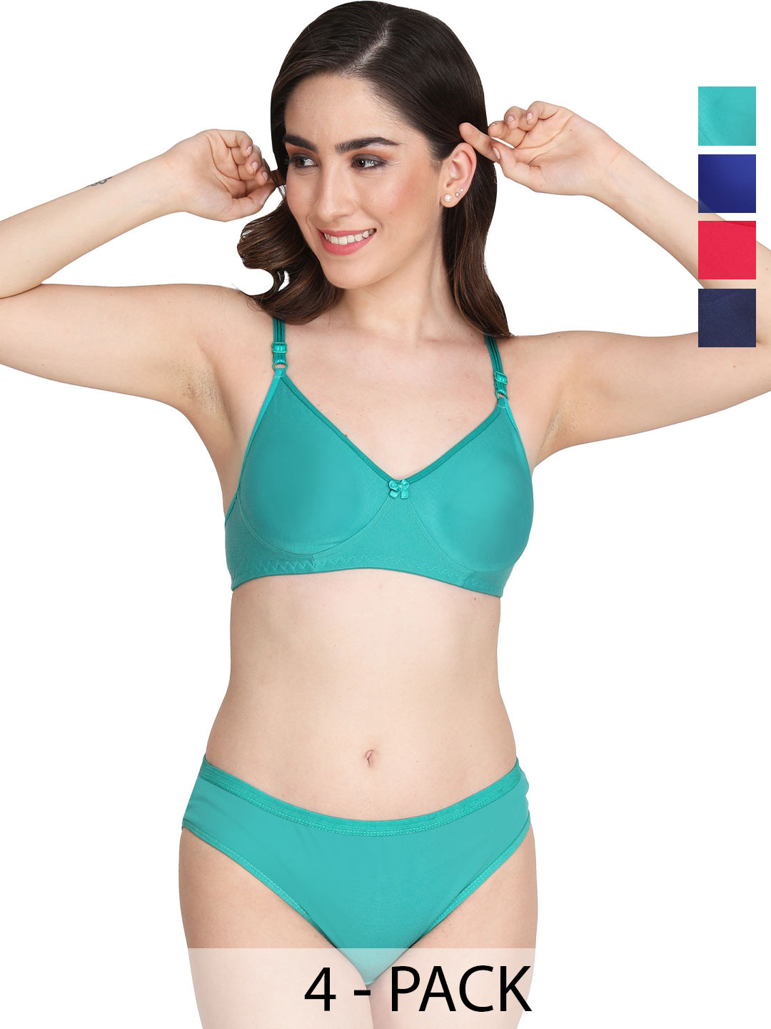 Liigne Pack Of 4 Solid Lightly Padded Non-Wired Pure Cotton Everyday Bra Lingerie Set