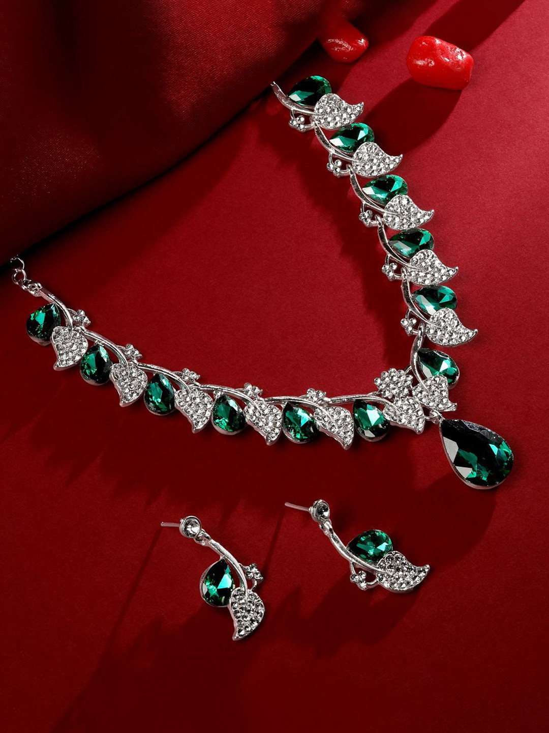 Atasi International Silver-Plated Emerald & American Diamond Studded Necklace And Earrings