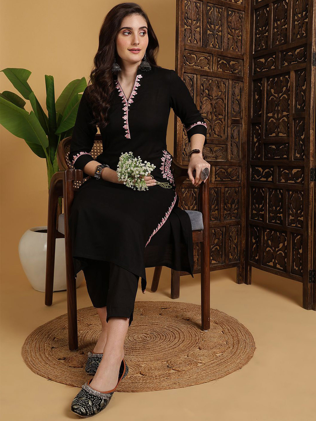Sangria Embroidered Calf Length V-Neck Three-Quarter Sleeve Straight Kurta