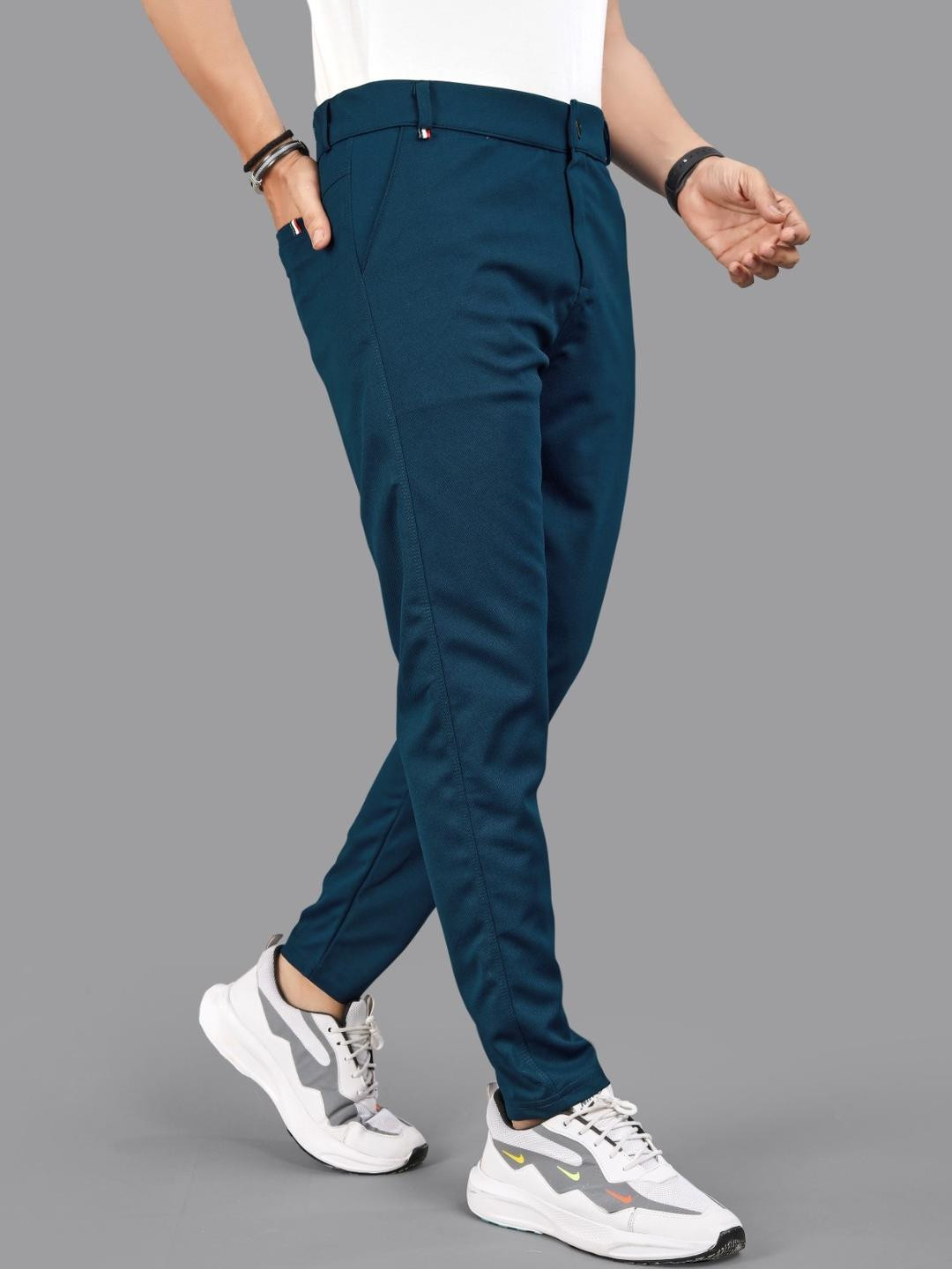 ISUEL FAB Men Teal Lycra Mid-Rise Slim Fit Trousers