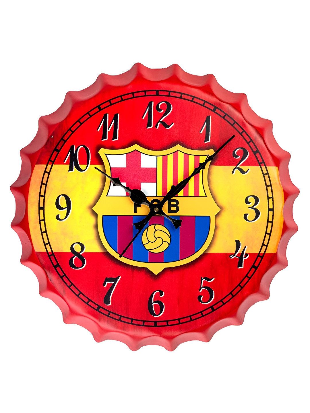 eazy wagon Red & Yellow Printed FC Barcelona Bottle Cap Metal Round Shaped Wall Clock