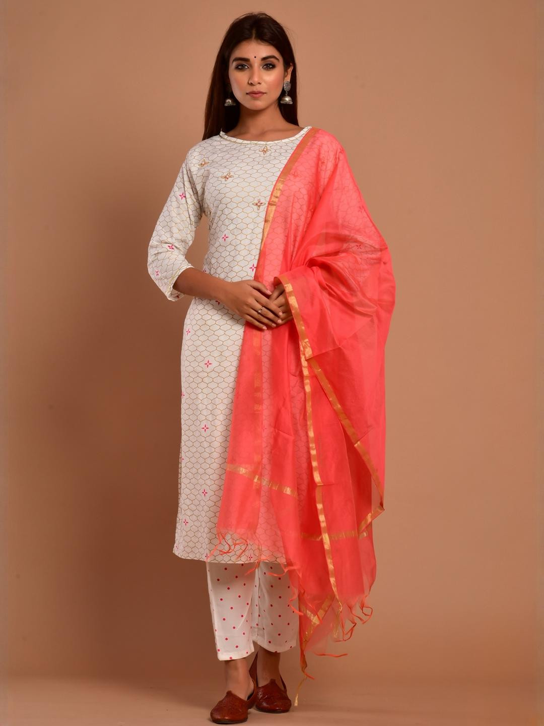 PAHAL ATTIRE Women White Printed Viscose Rayon Kurta & Trousers With Dupatta