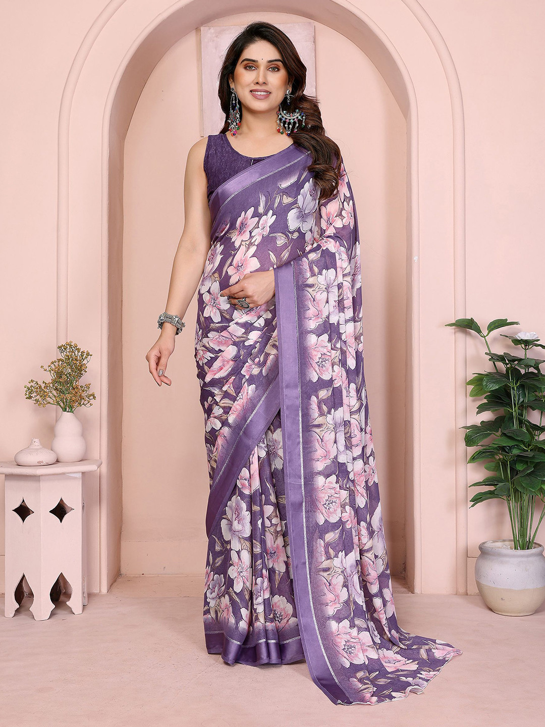 Mitera Purple Designer Georgette Printed Saree