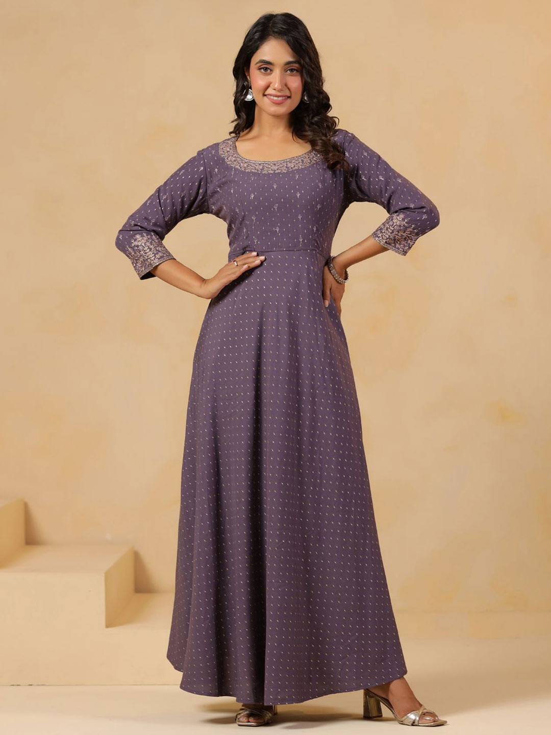 Span Women Ethnic Motifs Woven Design Round Neck A-Line Ankle Length Kurta