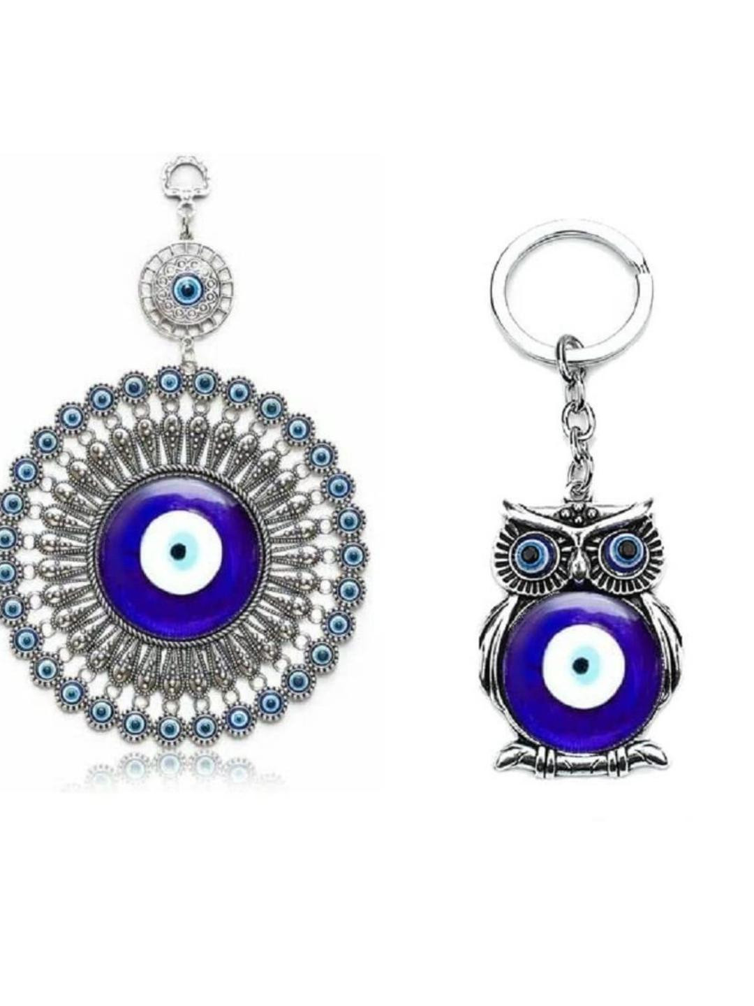 BLUE BEADS Pack of 2 Blue Evil Eye Wall Door Hanging with Keychain