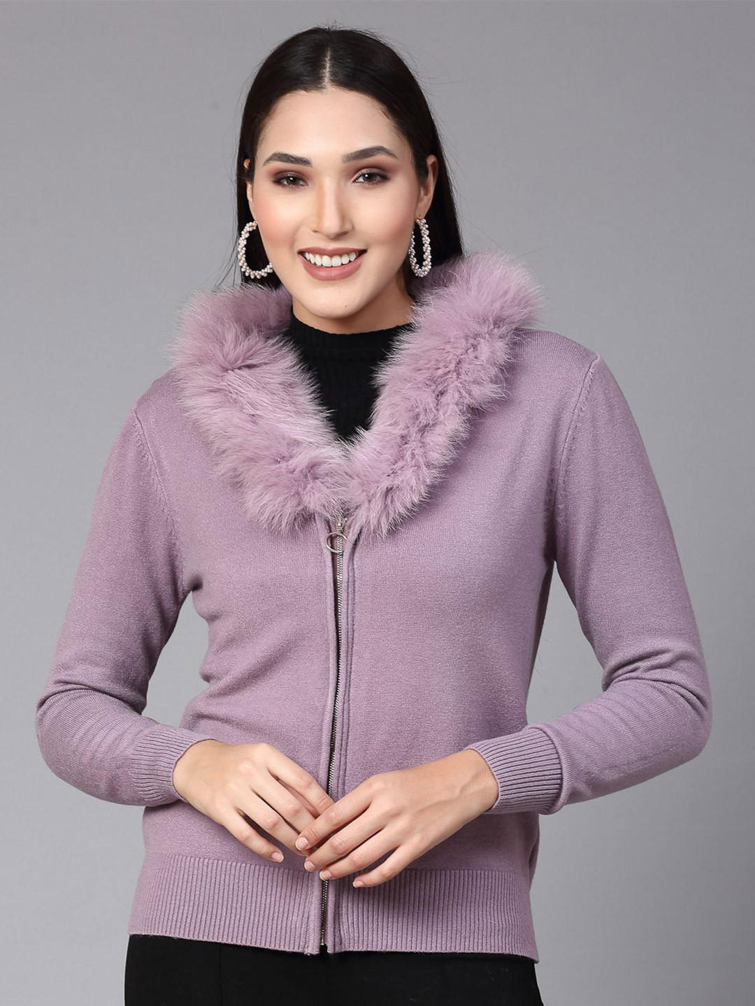 Mafadeny Women's Zip Front Fur Collar Cardigan