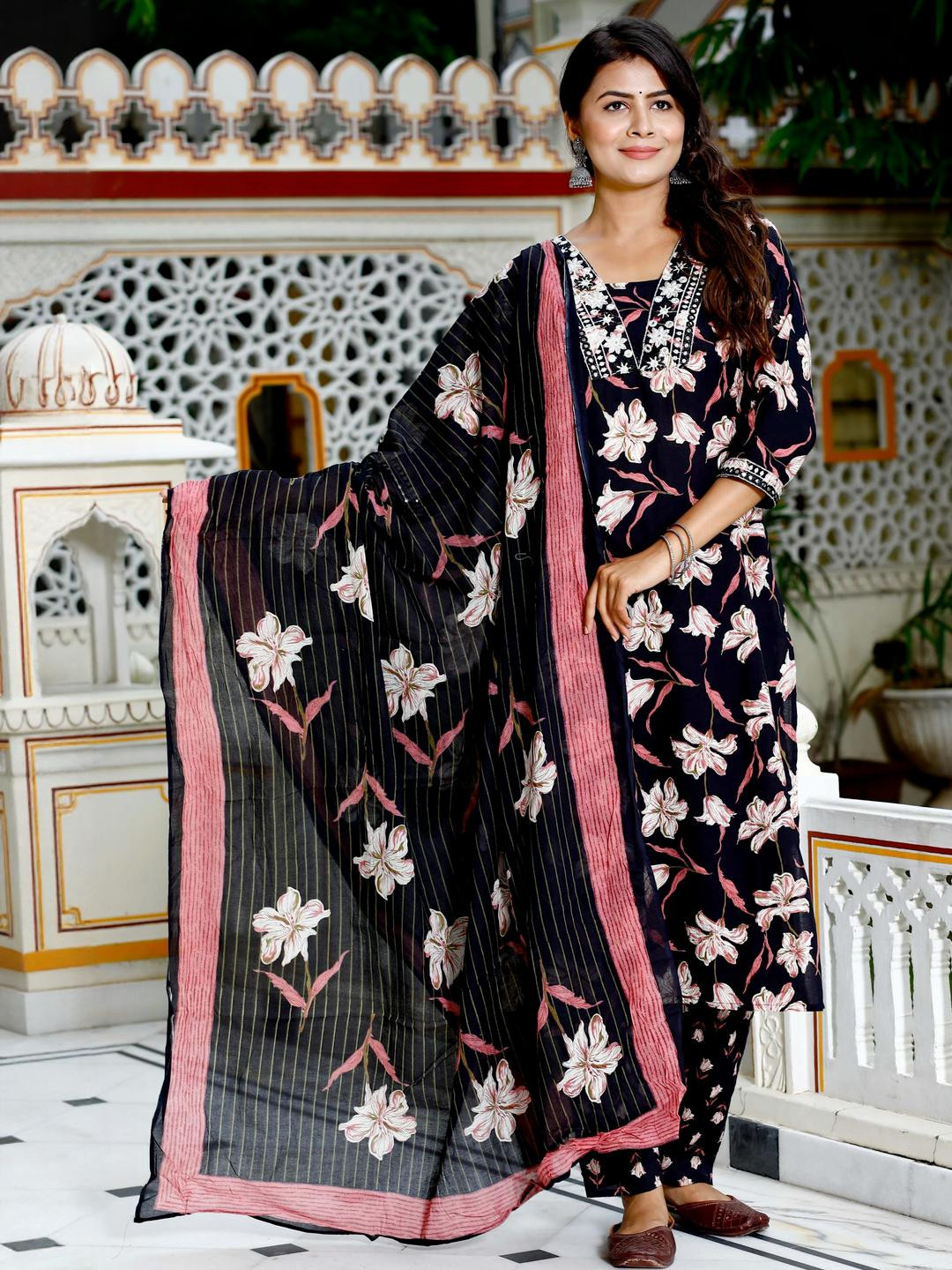 Angkor Women Black Pure Cotton With Dupatta