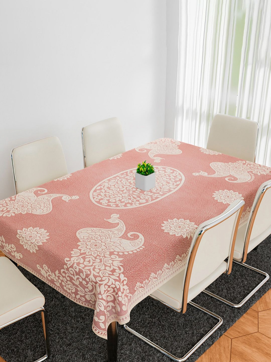 Aura Maroon & White Peacock Design Anti-Skid Cotton 6-Seater Table Cover