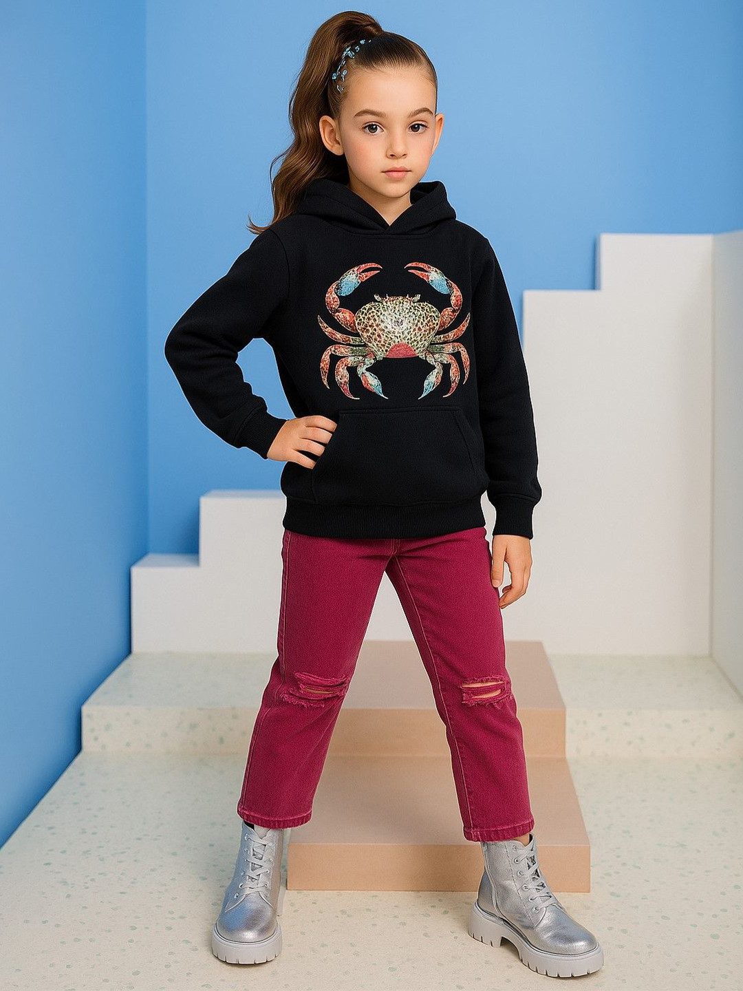 Baawri Girls Crabby Cool Printed Hooded Pullover Sweatshirt