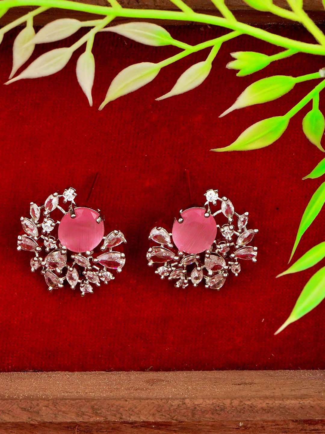 Gemron Jewel Rhodium Plated American Diamond Studded Oval Shaped Studs