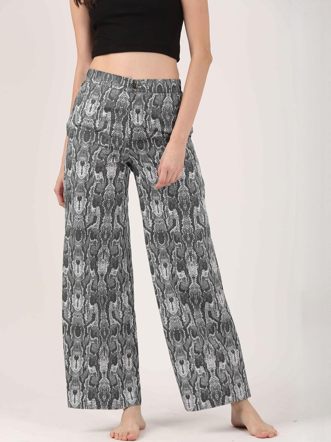 Jolene.club Women Black & Grey Cotton Flare Wide Leg Trousers