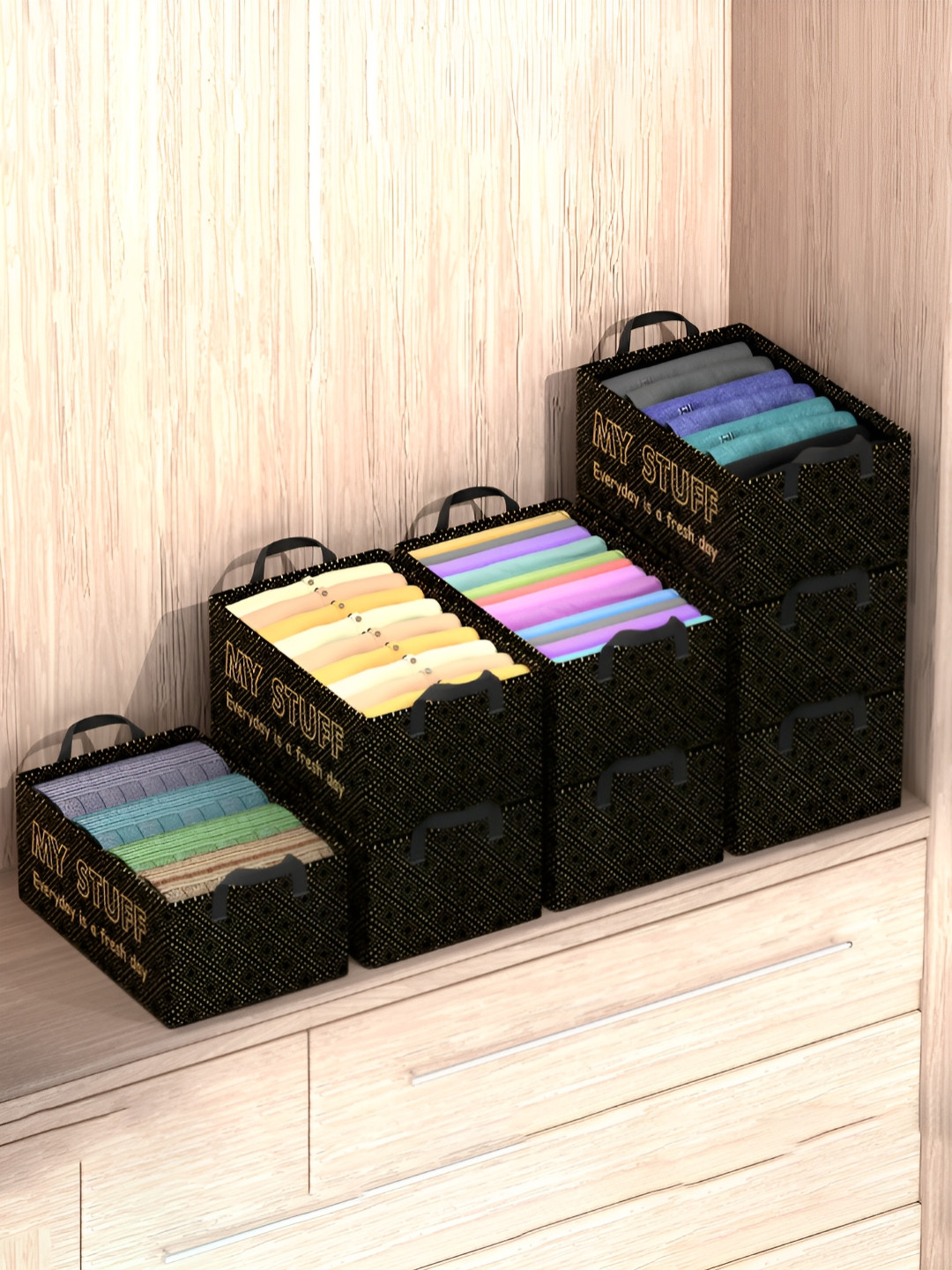 Myntra Elegant Homes Black & Yellow 8 Pieces Printed Foldable Storage Box Organisers