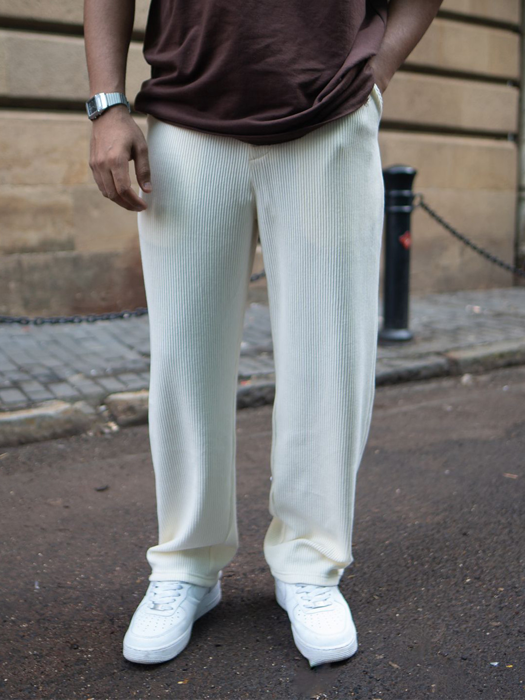 Powerlook Men Striped Cream Regular Fit Knitted Trousers