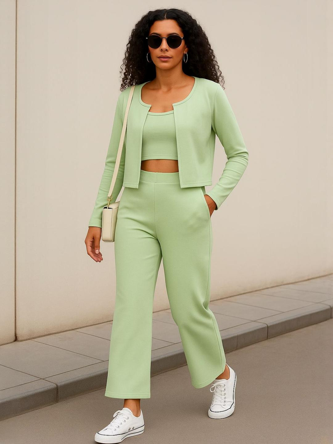 The Roadster Lifestyle Co. Strappy Crop Top & Trousers With Open Front Jacket
