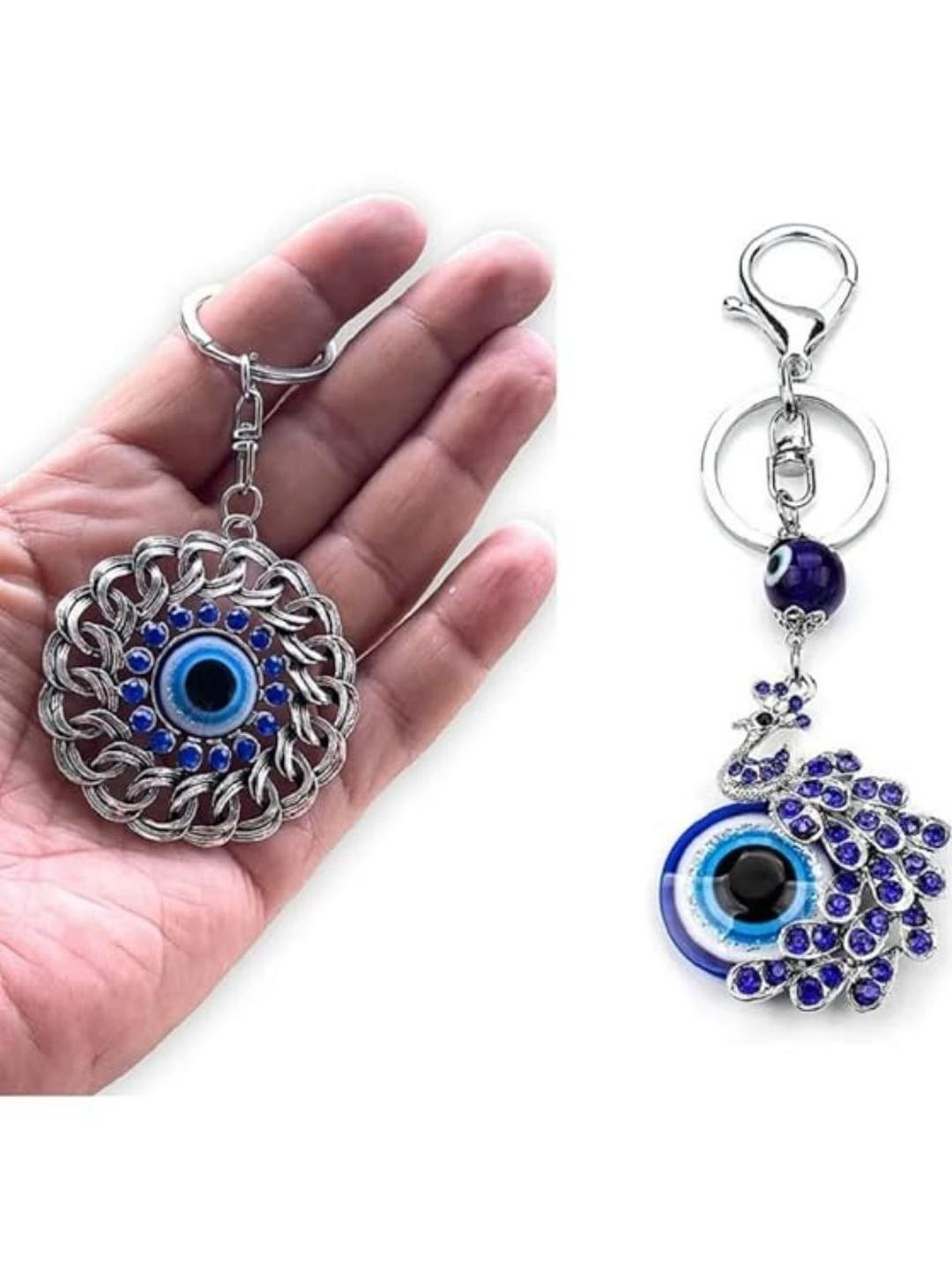 BLUE BEADS set of 2 Blue and Silver Evil Eye and peacock Keychain