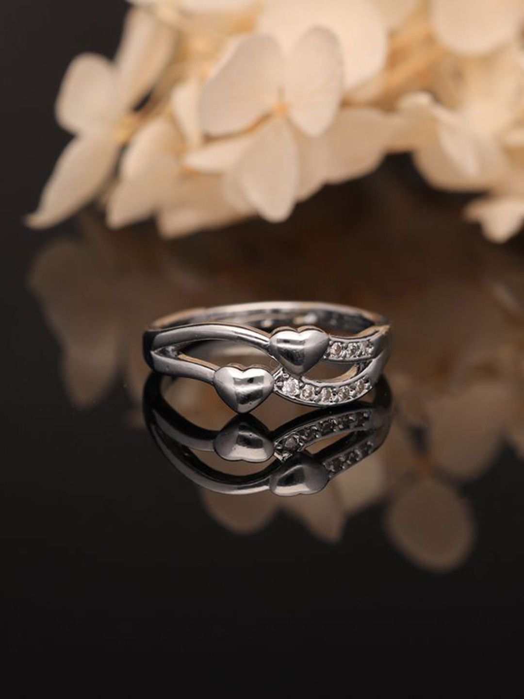 Anouk Silver-Plated American-Diamond-Studded Dual Heart Shape Ring