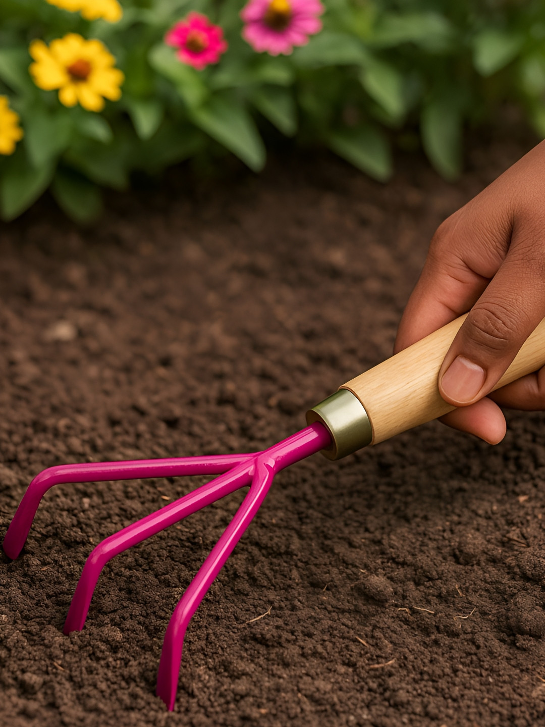 ecofynd Pink & Brown Gardening Hand Cultivator With WoodenHandle