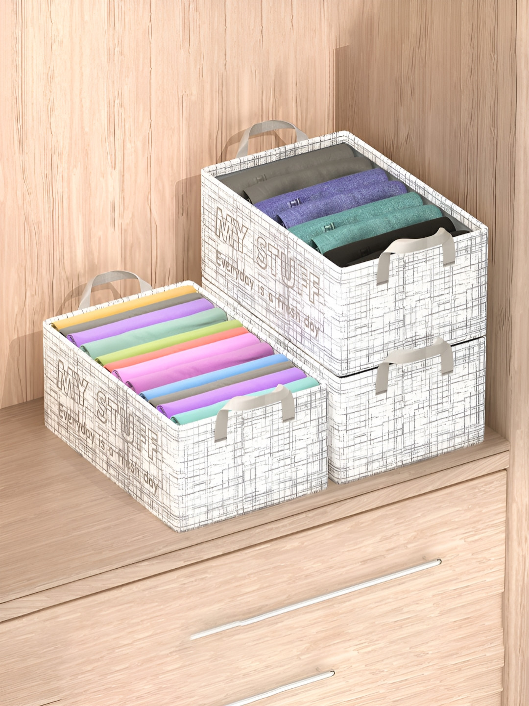 Myntra Elegant Homes Grey & White 3 Pieces Printed Foldable Storage Box Organisers