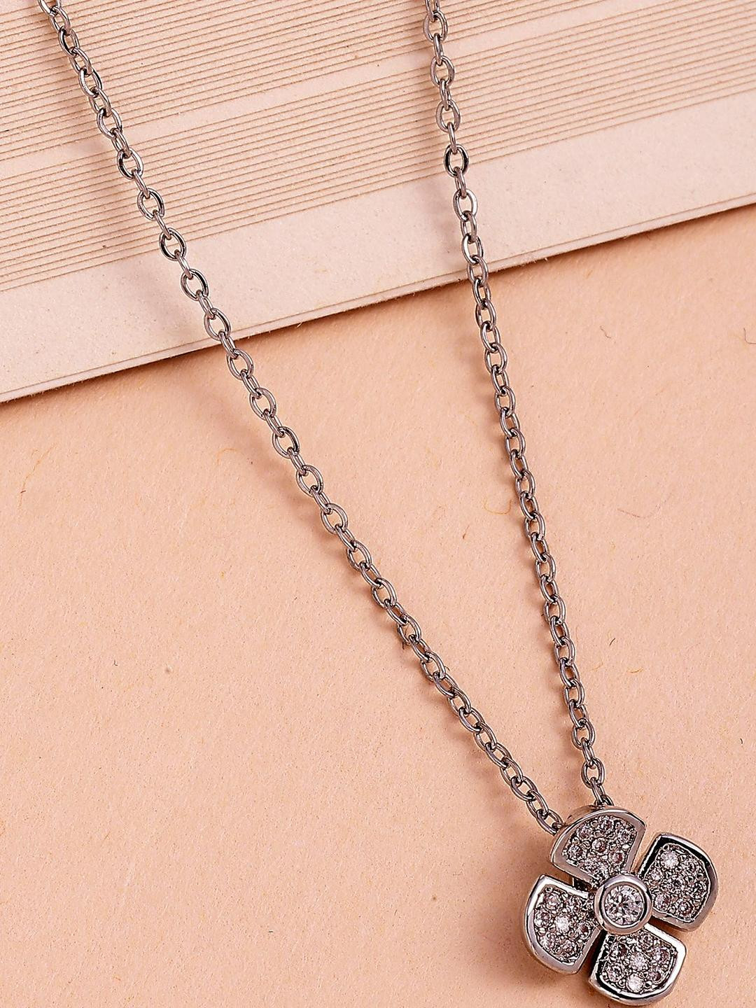 Bohey by KARATCART Silver-Plated Cubic Zirconia Studded Floral Pendant With Chain