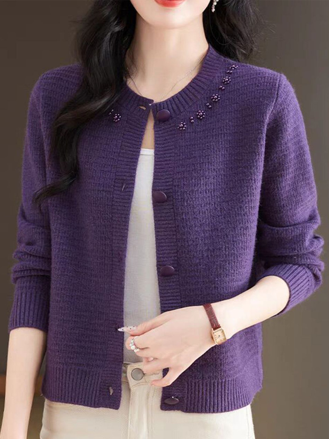bebe Women Embellished Round Neck Long Sleeves Cardigan