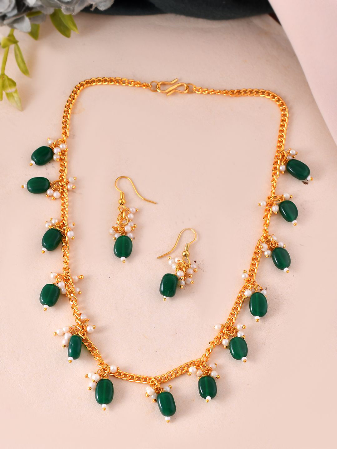 Silvermerc Designs Women Gold-Plated Green Beaded Necklace & Earrings Set