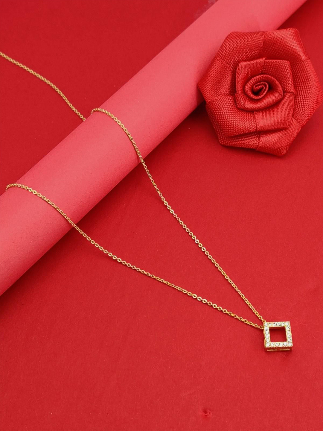 DHARM JEWELS Gold-Plated Artificial Stones Studded Diamond Shaped Pendant With Chain