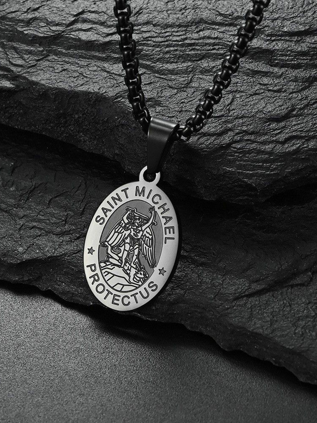 MYKI Men Stainless Steel Anti-Tarnish Saint Michael Oval Shaped Pendant With Chain