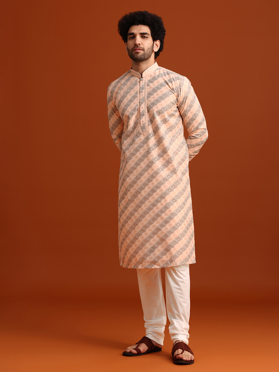 KALKI Fashion Striped Mandarin Collar Long Sleeves Kurta With Pyjamas
