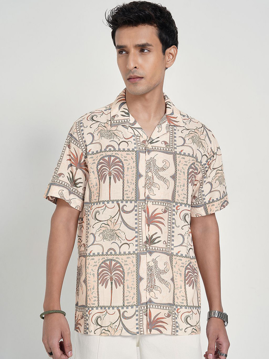 People Relaxed Fit Floral Printed Spread Collar Cotton Linen Casual Shirt