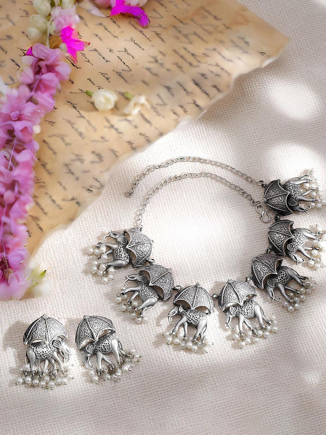 Anouk Women German Silver-Plated Elephant Motif Necklace Set