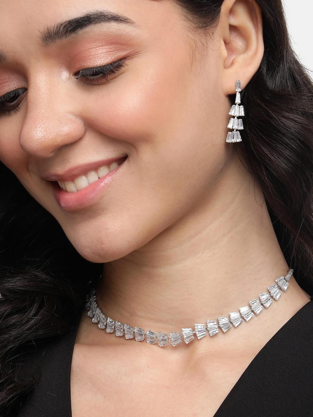 Anouk Rhodium-Plated Crystal AD Gemstone-Studded Jewellery Set