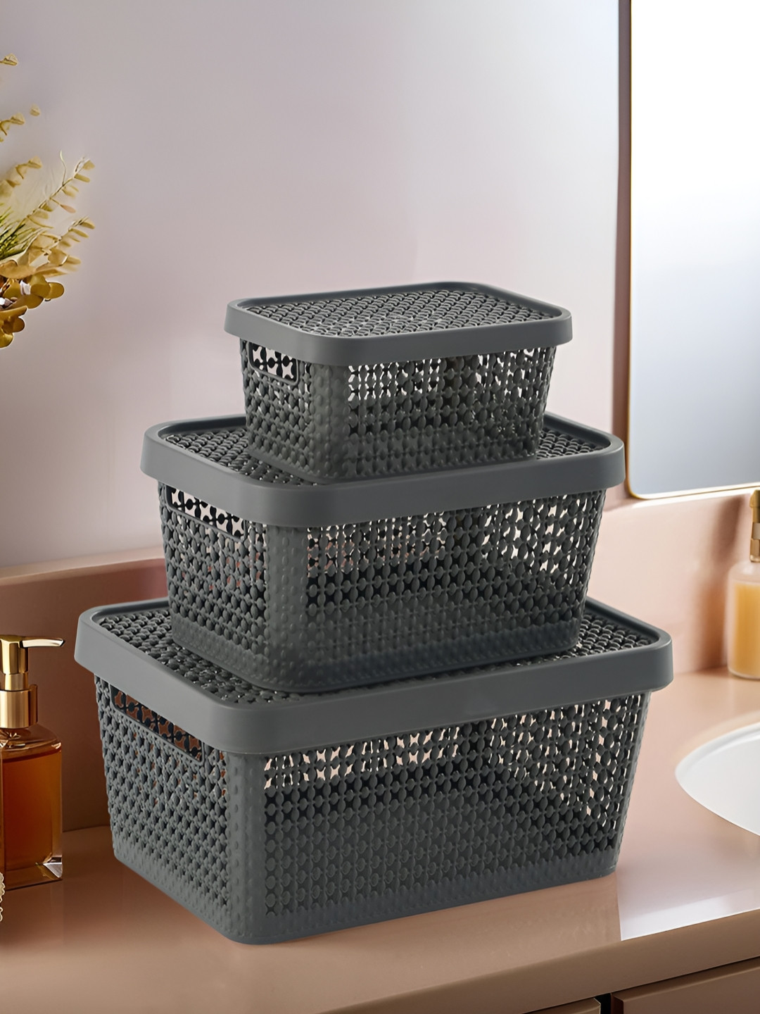 Myntra Elegant Homes Grey 3 Pieces Stackable Tote Basket Organisers