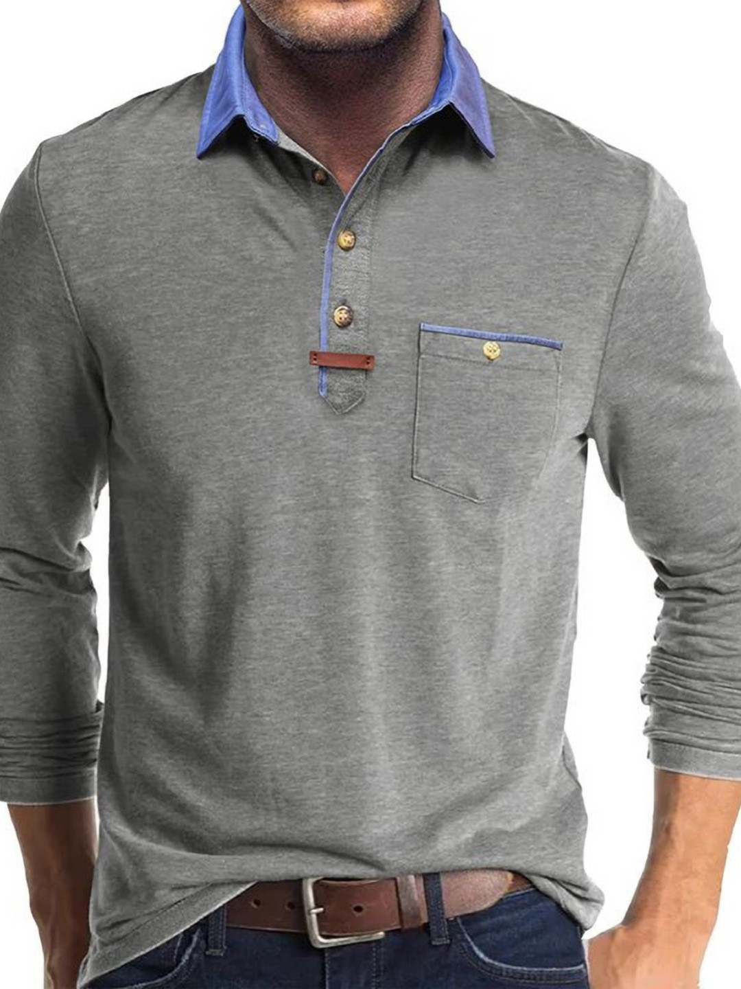 StyleCast x Revolte Men Regular Fit Raw Edge Long Sleeve Polo Collar T-shirt