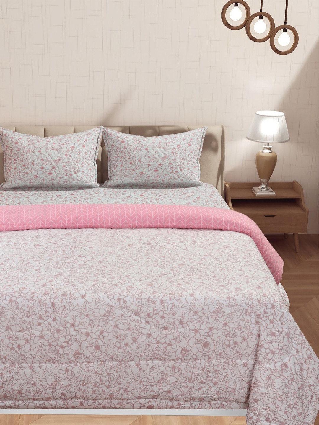 Florida Zenath White & Pink Printed Microfiber AC Room Double Bed Comforter