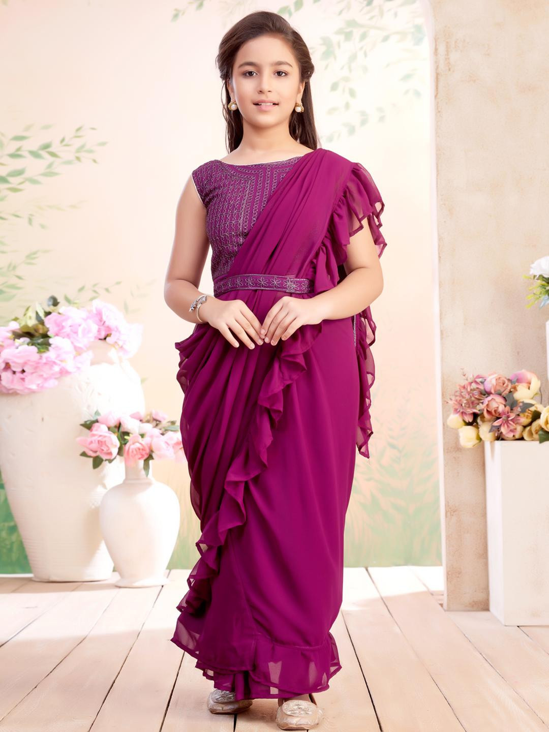 Sangria GirlsWine Embroidery Georgette Lehenga Saree With Attachable Dupatta