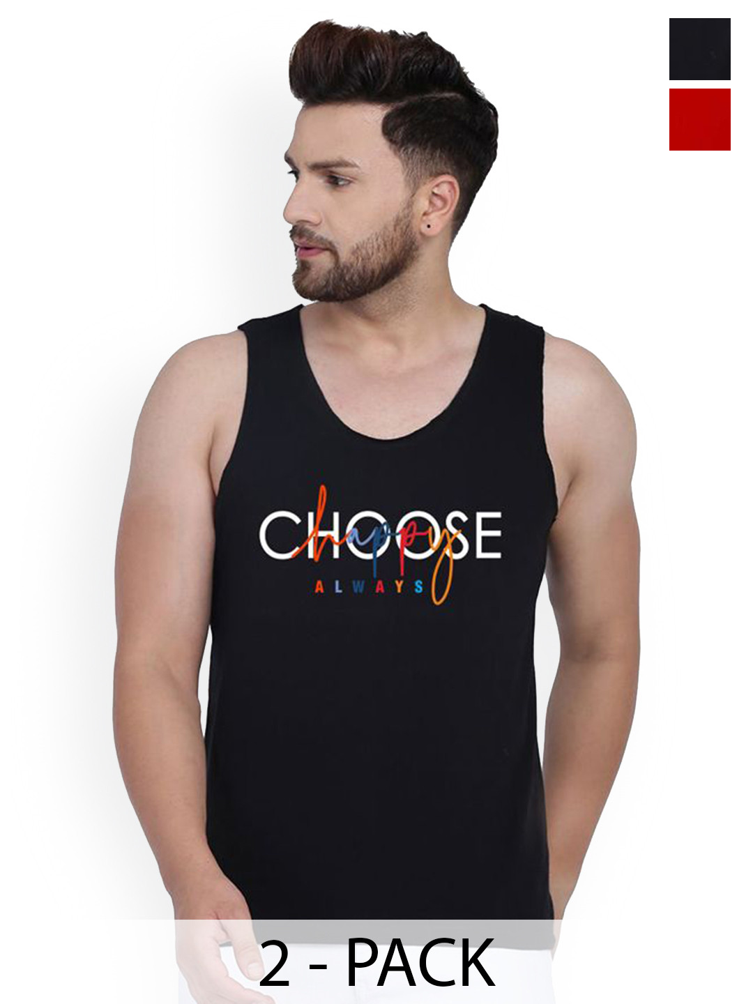 SLOWLORIS Men 2-Pc Printed Combed Cotton Bio-Wash Gym Vests VSL26 CMB(CHS BLACK)(LOUD RED)