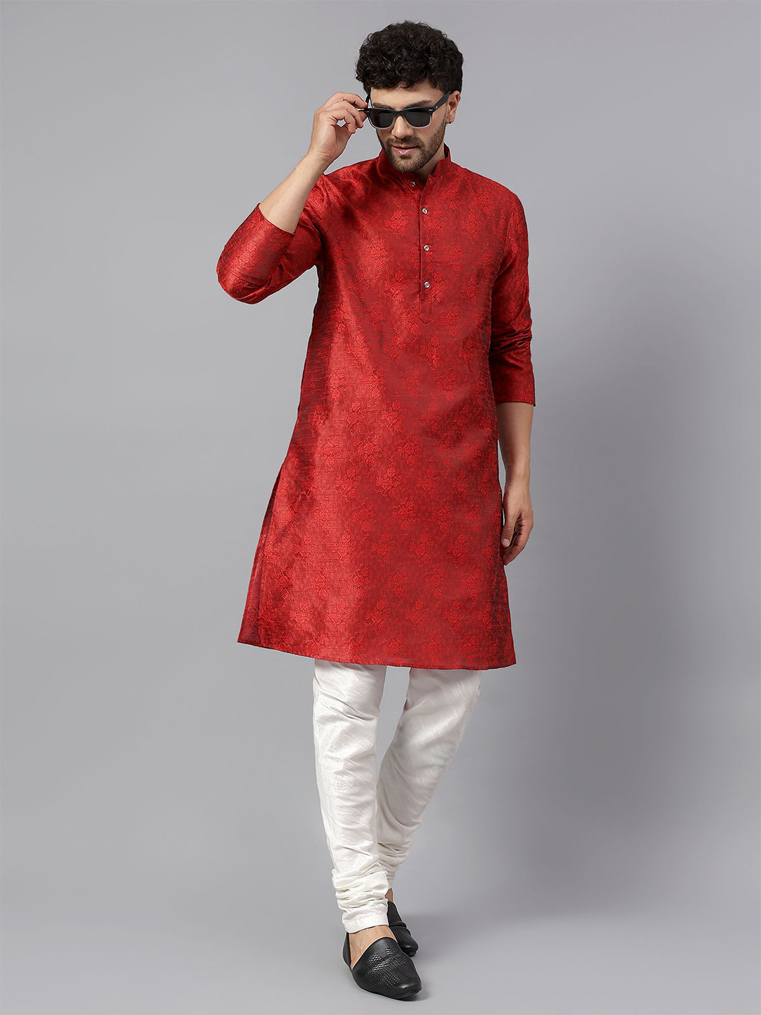 Latest Chikan Garments Floral Woven Design Mandarin Collar Jacquard Straight Kurta