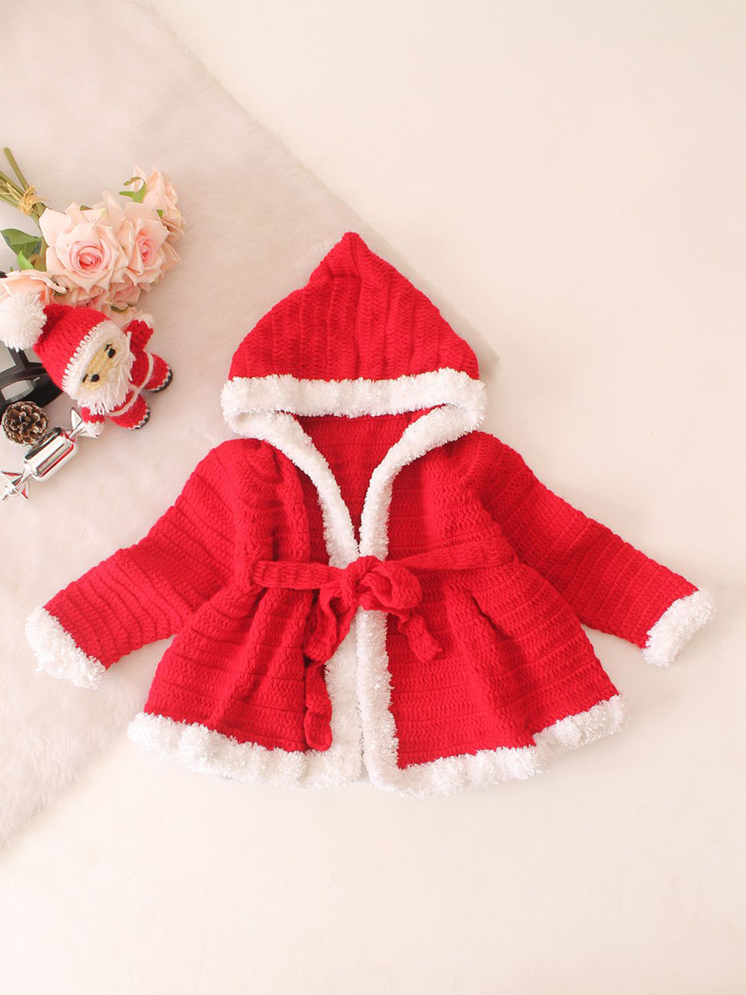 Woonie Infant Kids Faux Fur Detailed Hooded Acrylic Christmas Cardigan
