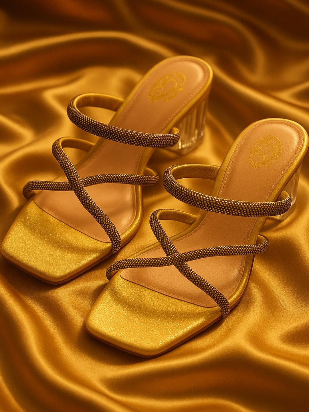 SHUNYA FOOTWEAR Women Gold Criss-Cross Strap Heels