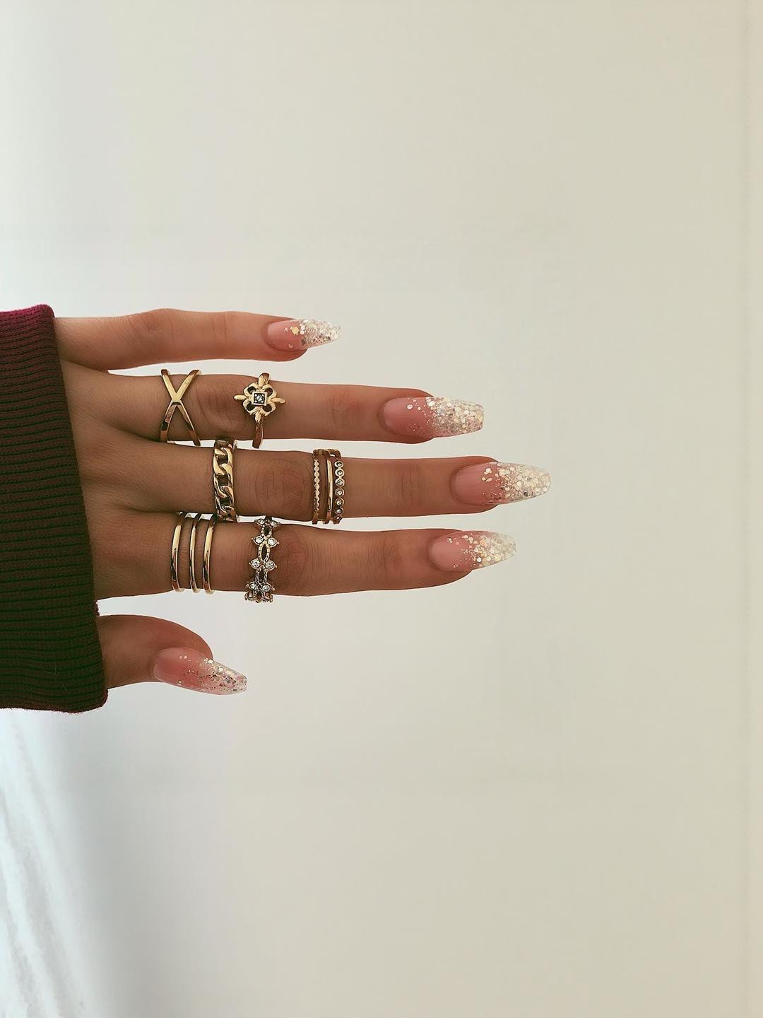 DressBerry Women 8 Pcs Gold Plated Crystal Twist Cross Chain Ring Set