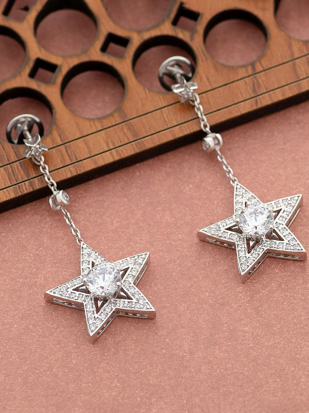 AMONROO 925 Silver Rhodium-Plated Cubic Zirconia Star Dangle CZ Shaped Drop Earrings