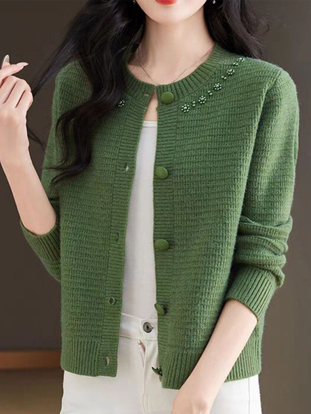 all about you Women Self Design Round Neck Long Sleeves Open Knit Button Detail Cardigan