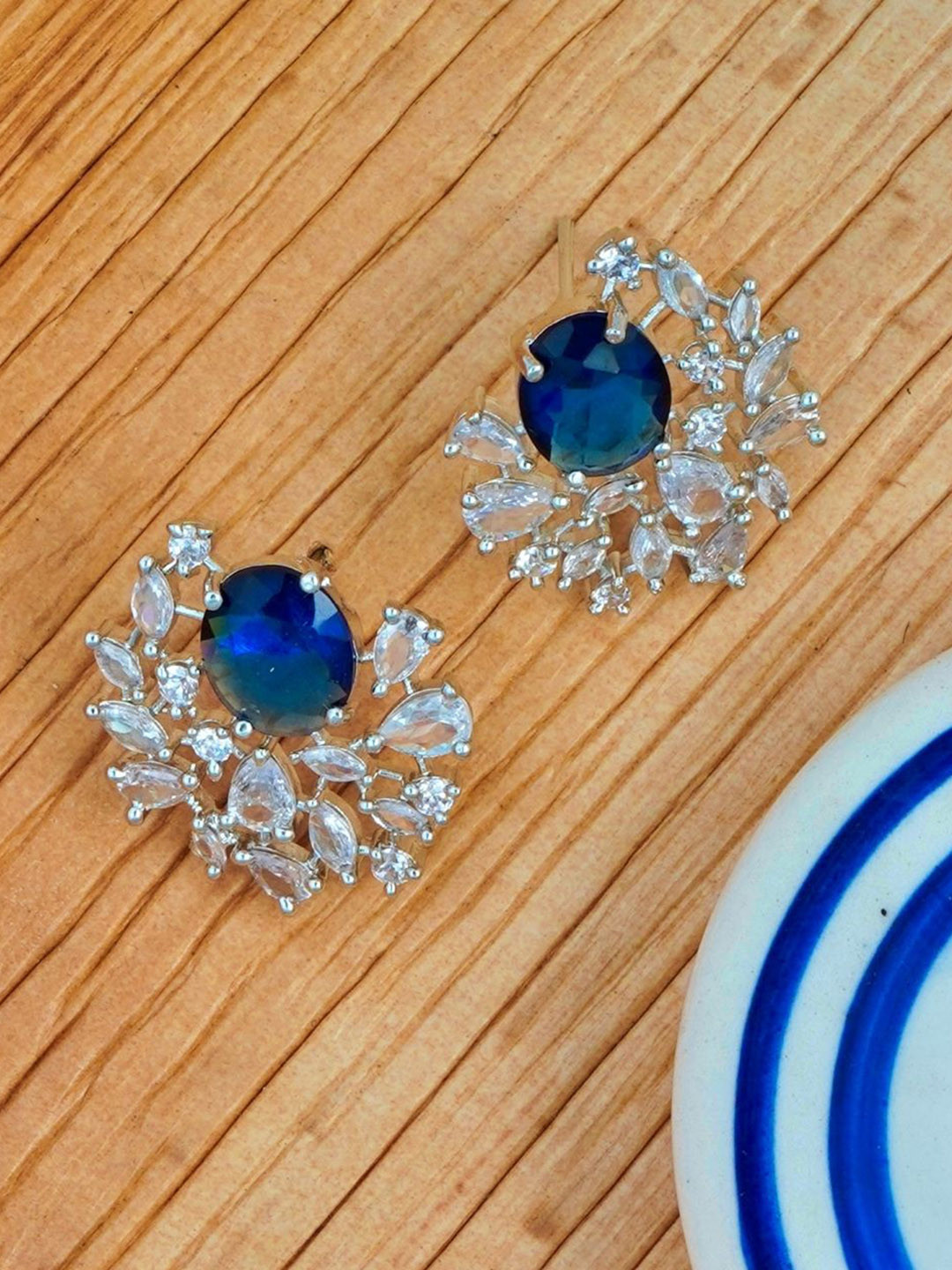 Gemron Jewel Rhodium Plated American Diamond Studded Oval Shaped Studs