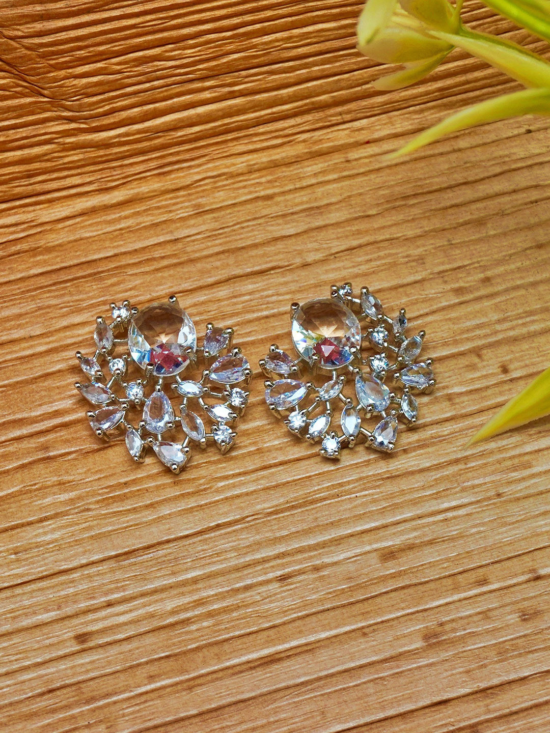 Gemron Jewel Rhodium-Plated American Diamond Studded Oval Shaped Studs